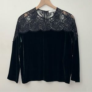 Sandro Black Lace and Green Velvet 3/4 Sleeve Blouse, Sandro Size 2/M US